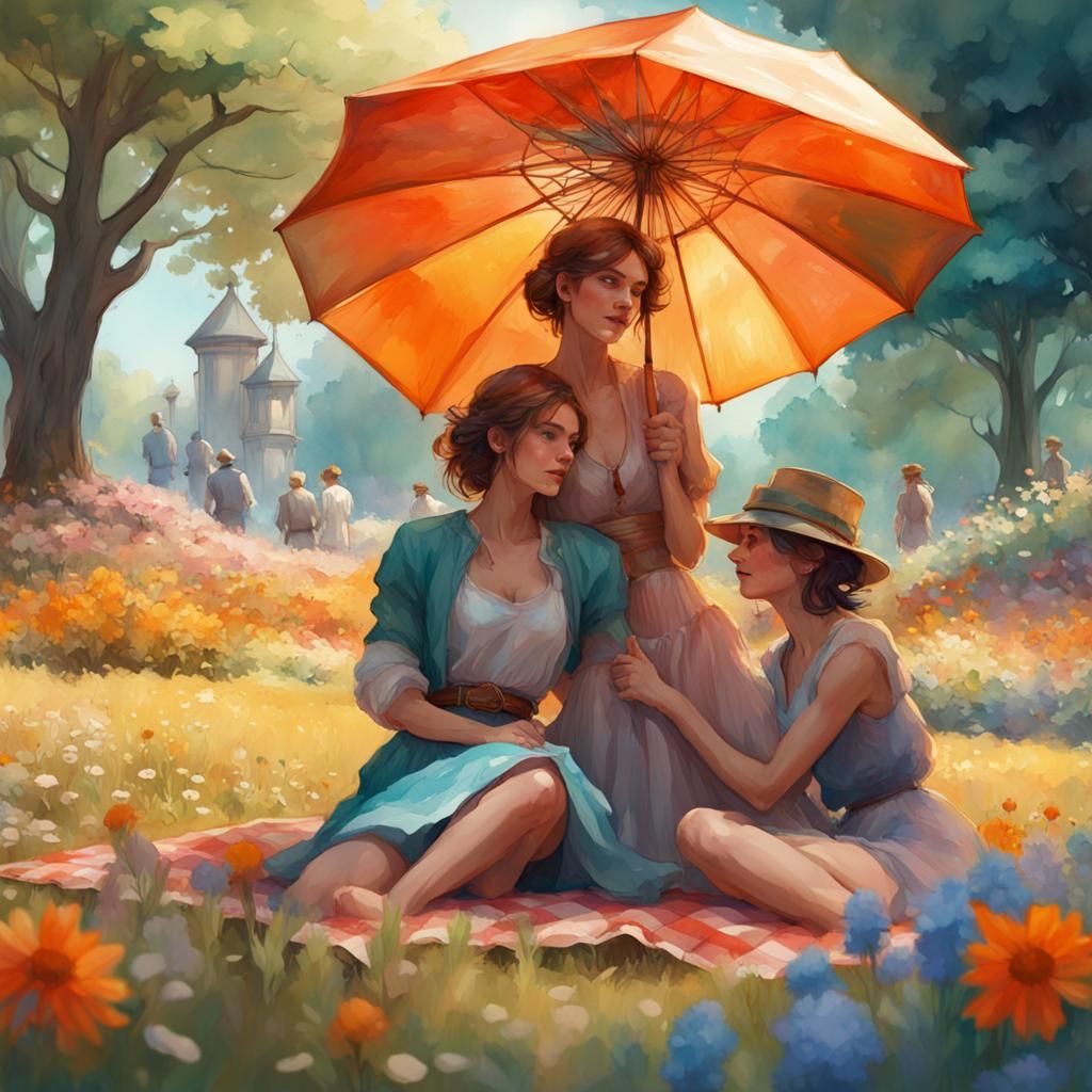 Colorful Picnic in Park: Watercolor Painting