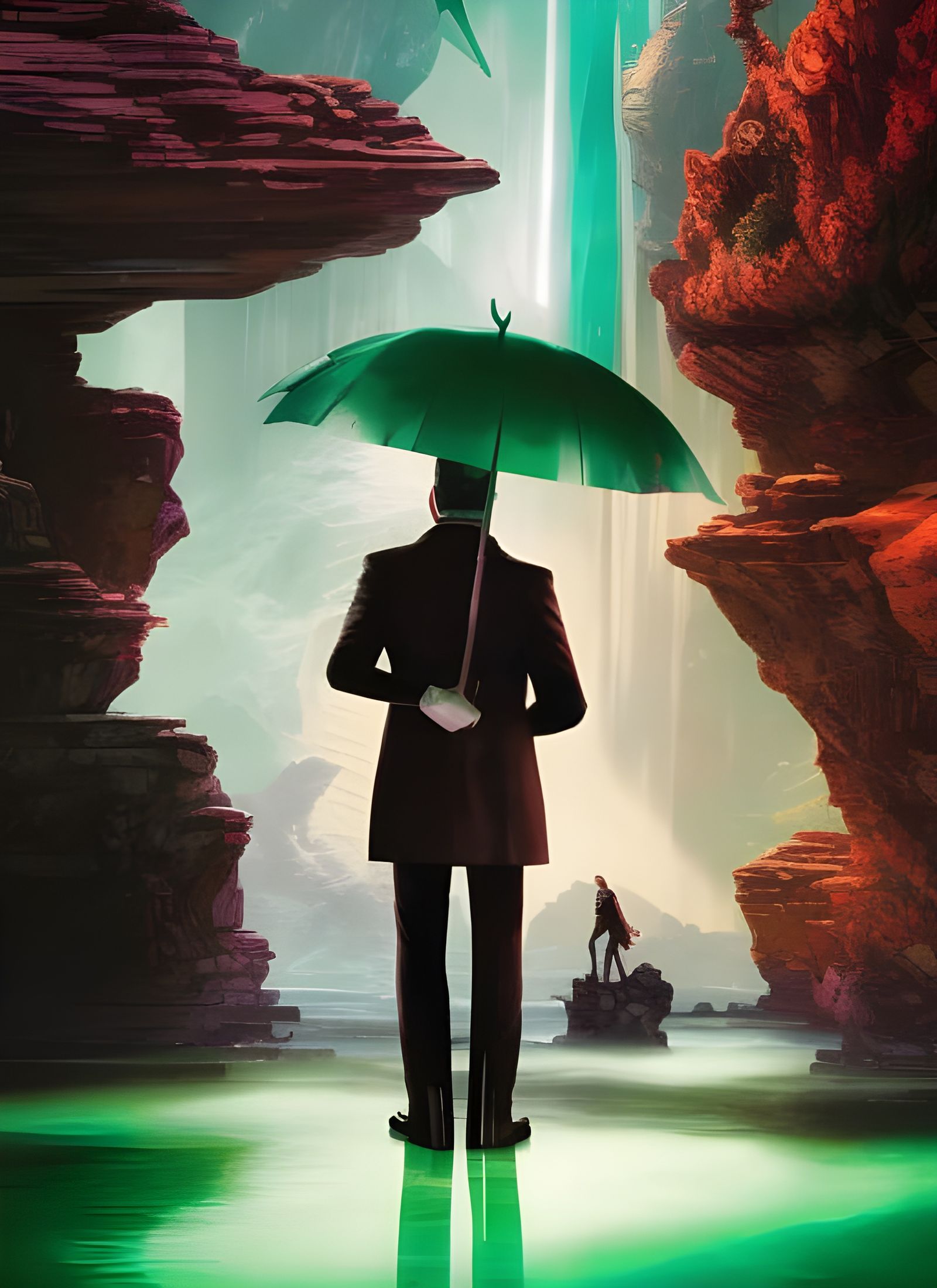 Movie Poster of Man with Umbrella in Emerald Hues