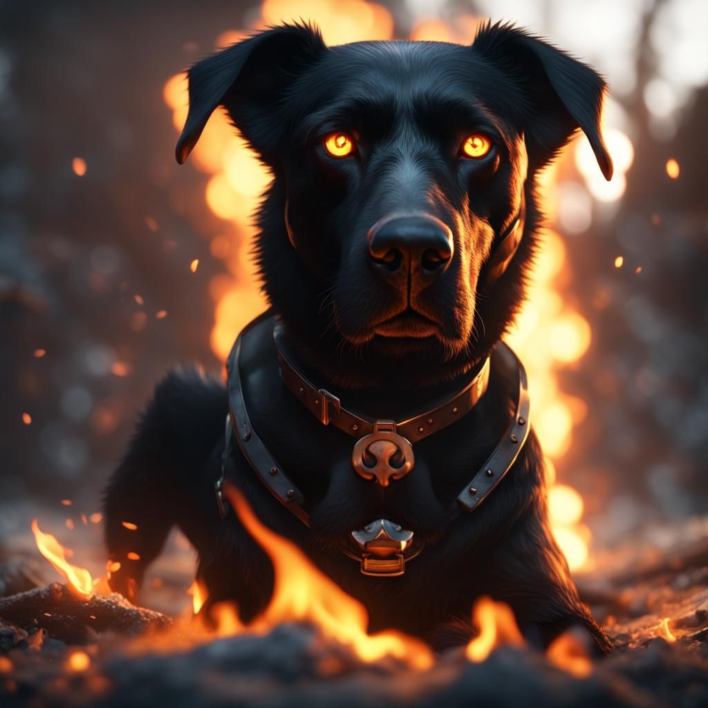 Fearsome Black Dog with Fiery Eyes, 3D Render