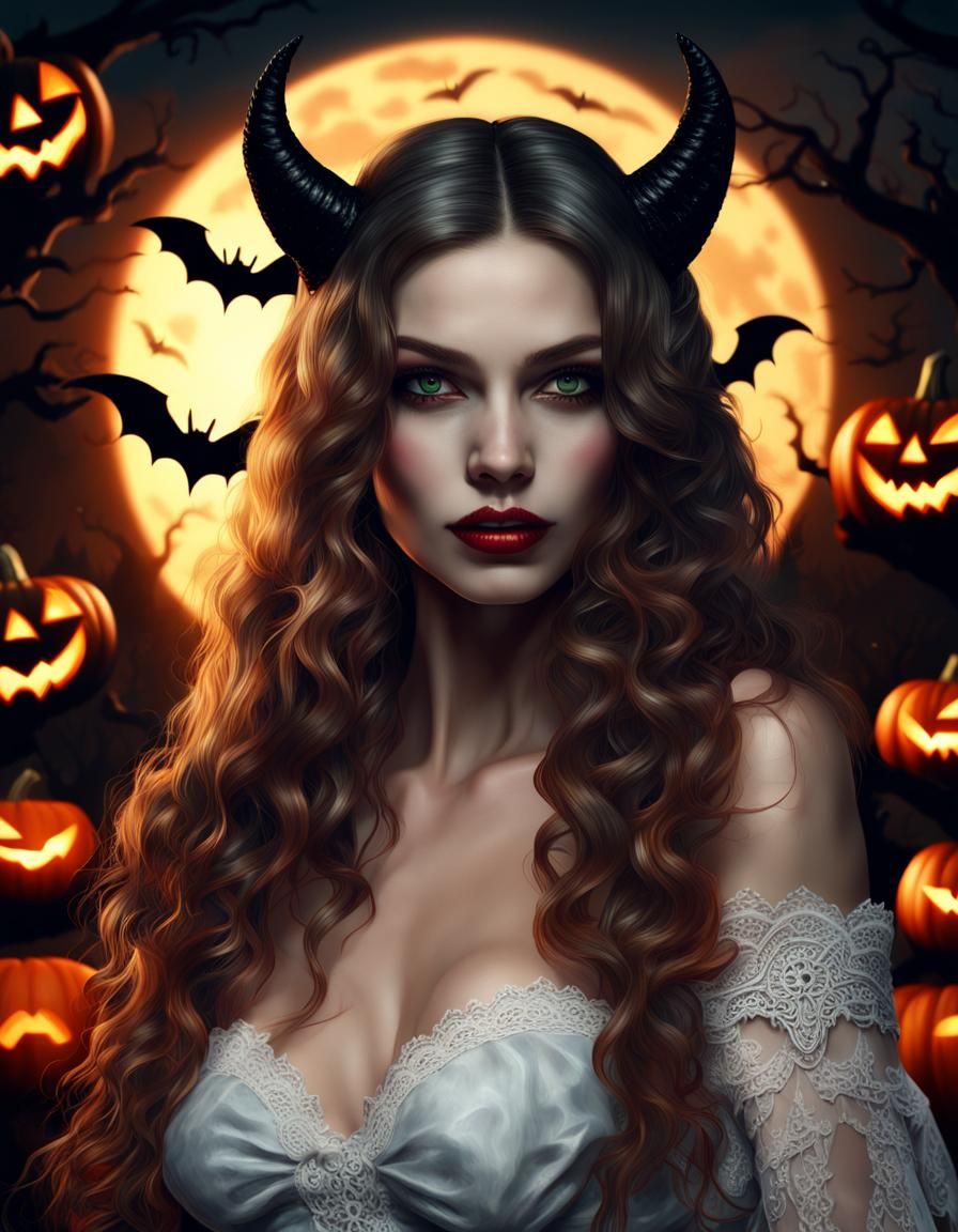 Halloween Devil Woman Under Full Moon