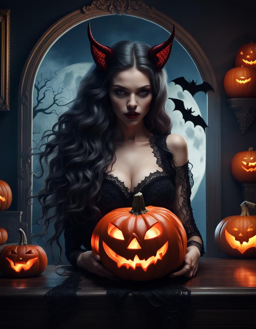 Halloween Woman with Devil Horns and Haunted House