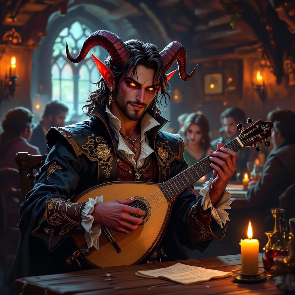 Tiefling Bard's Tale in Dark Fantasy Style