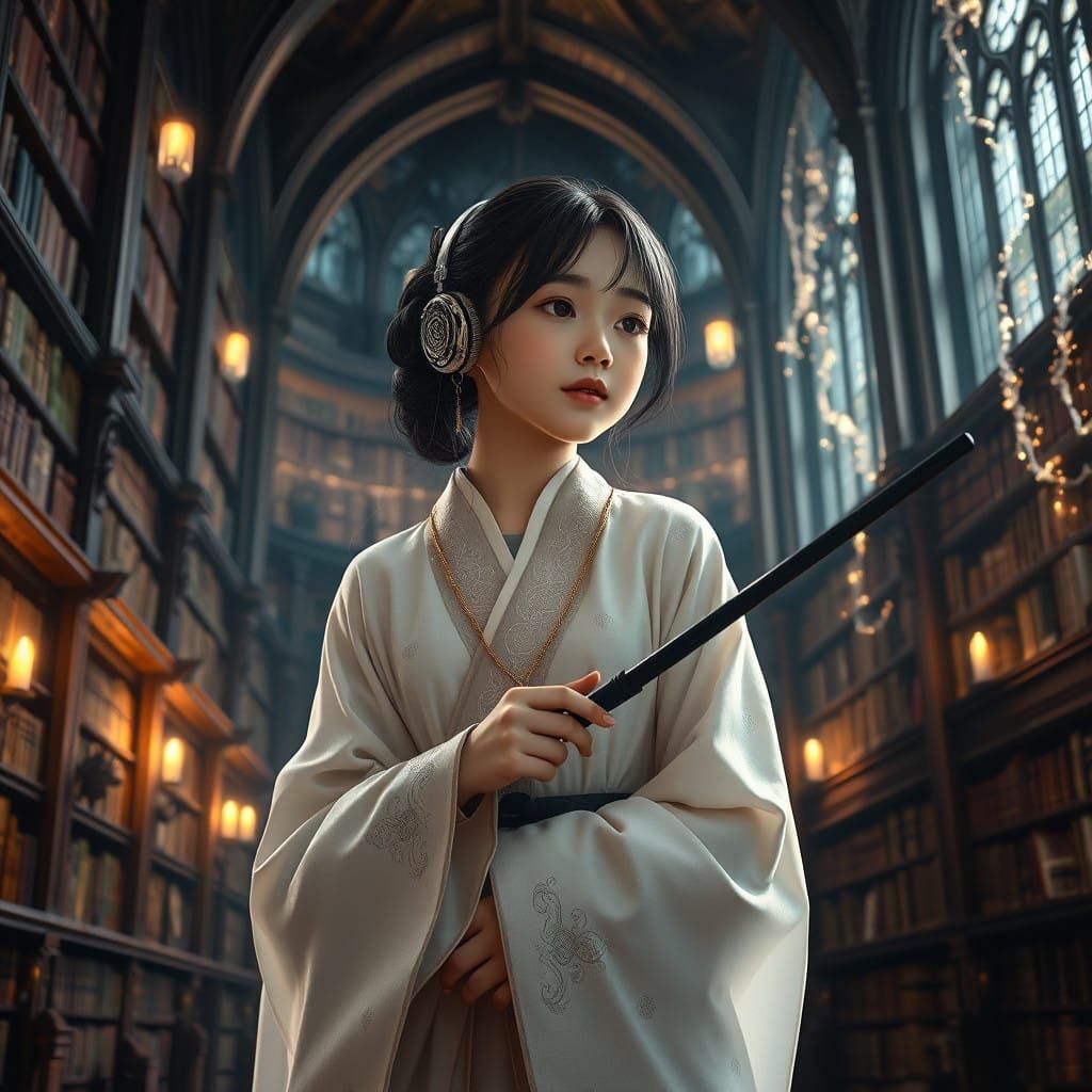 Korean Girl Enchants Hogwarts Library with Magic and Music