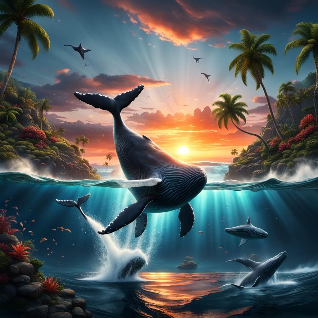 Whale Breaching at Tropical Sunset: Fantasy Concept Art