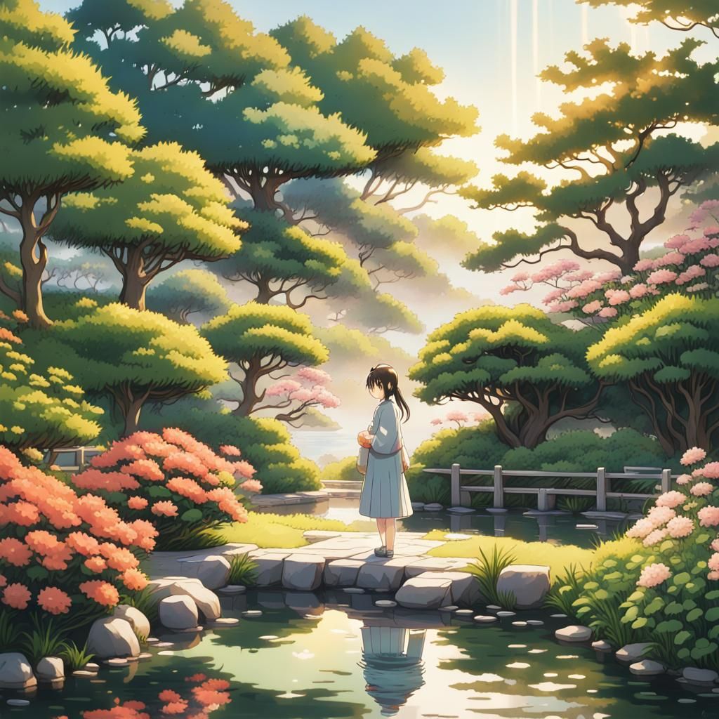Chinese Girl in Japanese Garden: Ghibli Anime Style