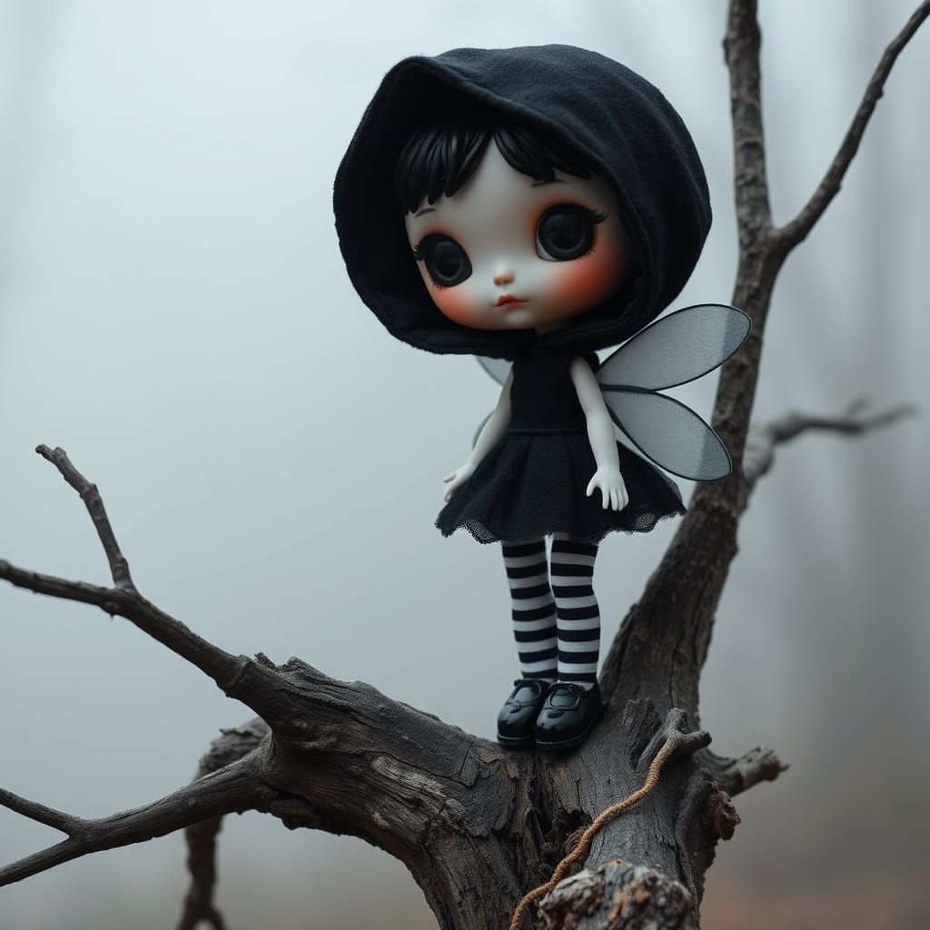 Whimsical Chibi Fairy Doll on a Foggy Tree Branch