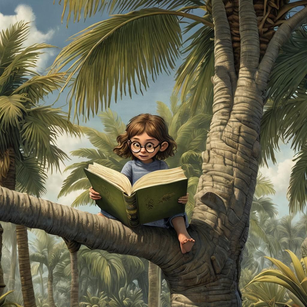 Girl Reading in Palm Tree: Sendak-Inspired Illustration