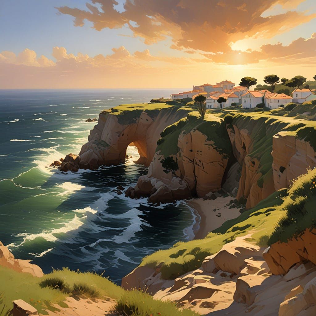 Coastal Italian Villa at Sunset: Impressionist Summer Landsc...