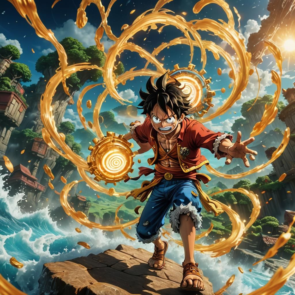 Luffy's Gear Five Activation in Dreamlike Landscape