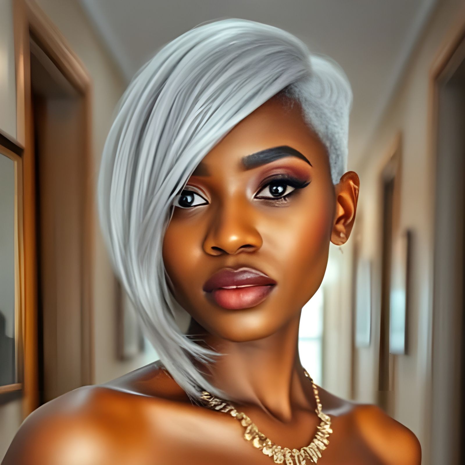 Elegant Hostess in Penthouse Hallway