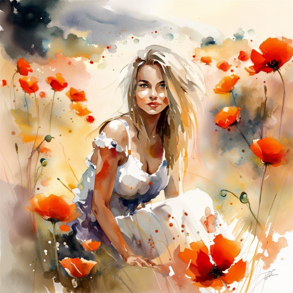 Woman in Poppy Field: Watercolor Portrait with Splatters
