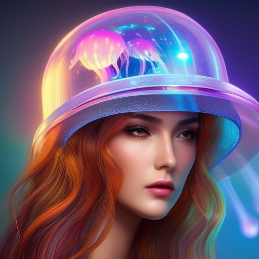 Girl with Luminescent Jellyfish Hat, Fantasy Portrait
