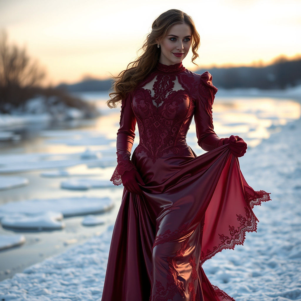 Woman in Red Latex Dress Walking in Snowy Evening