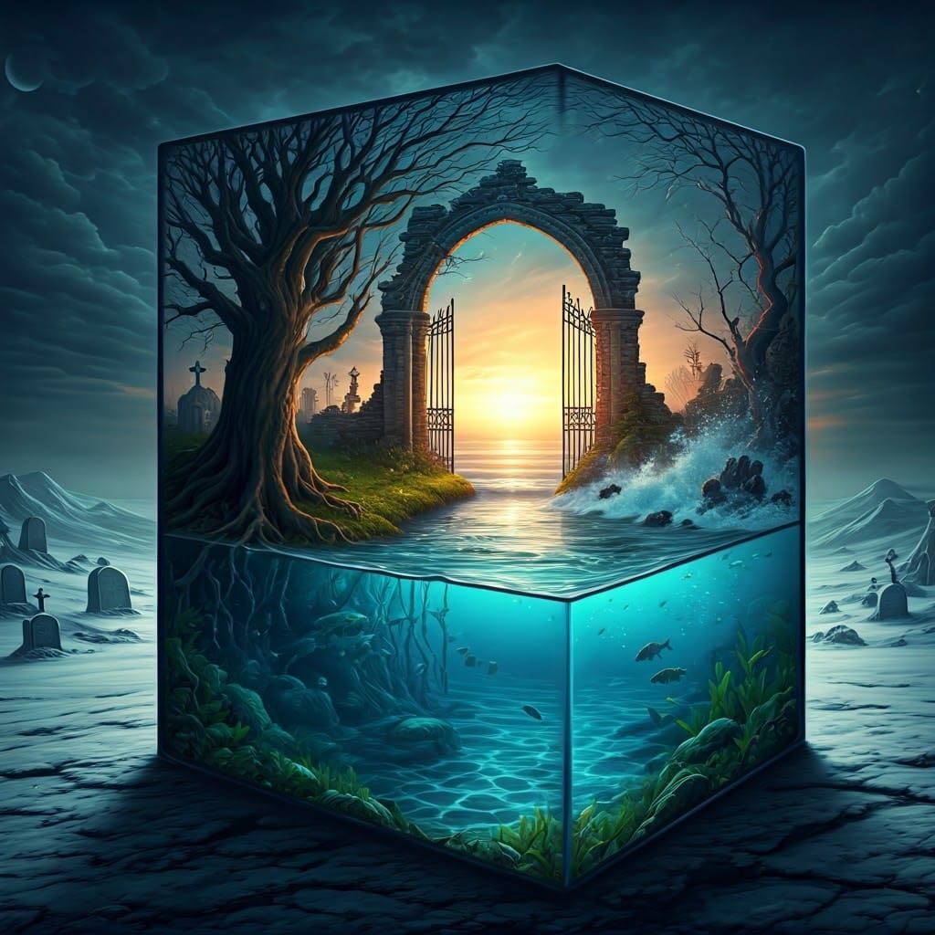 Fantasy Fairytale Scene in a Glass Cube with Moonscapes