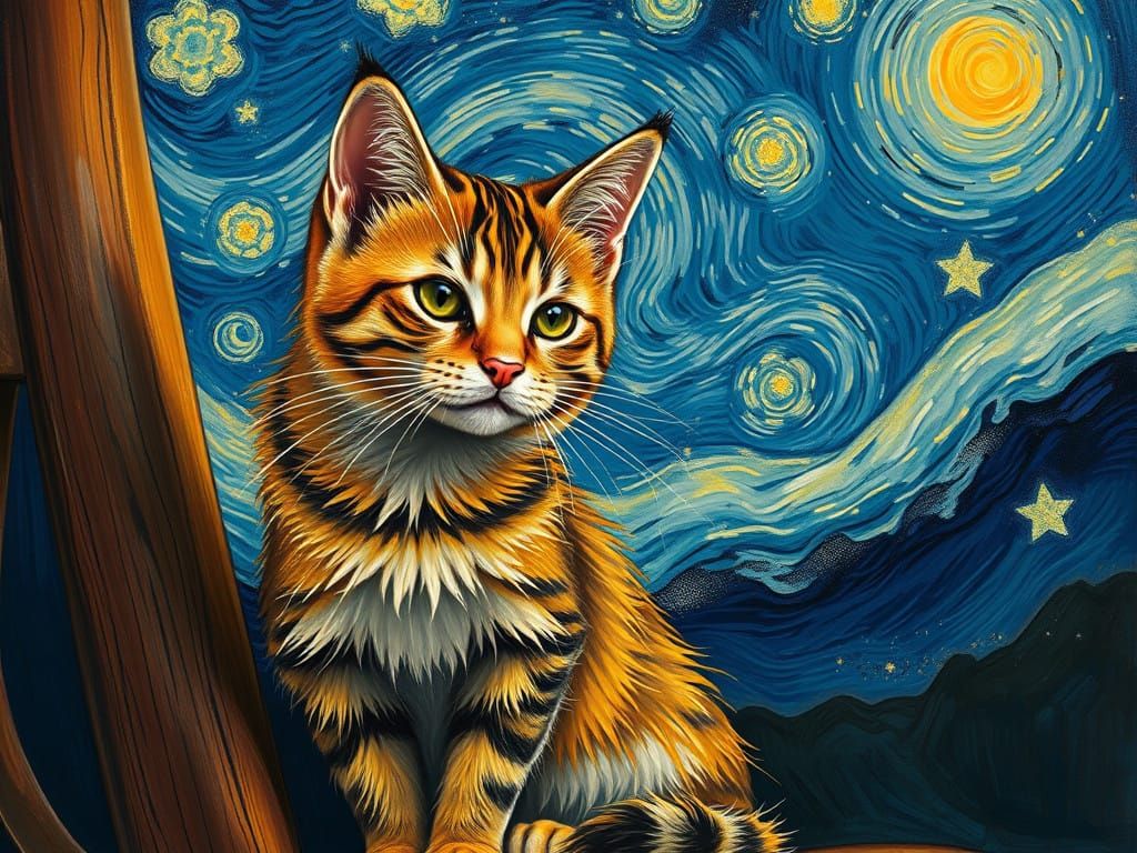 Impressionist Cat in Starry Night