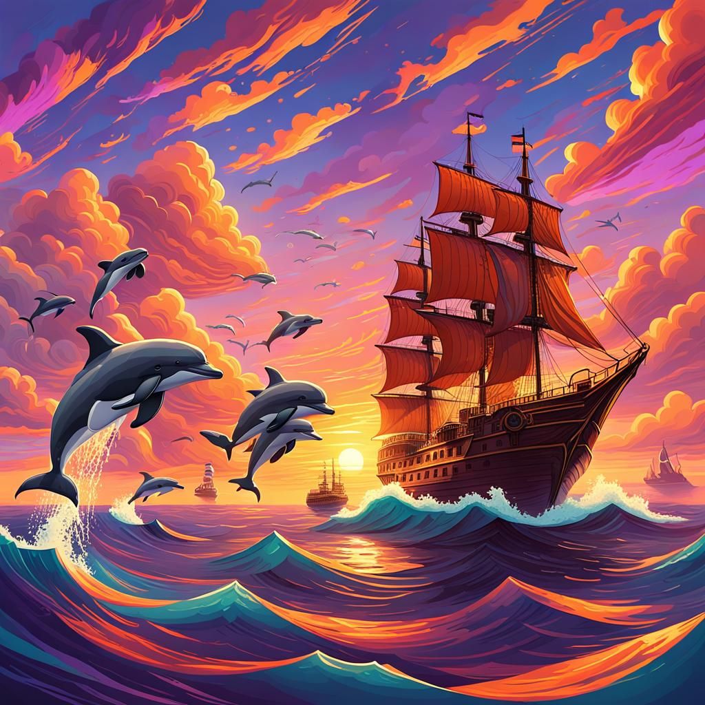 Sunset Voyage with Dolphins: Van Gogh Inspired Art