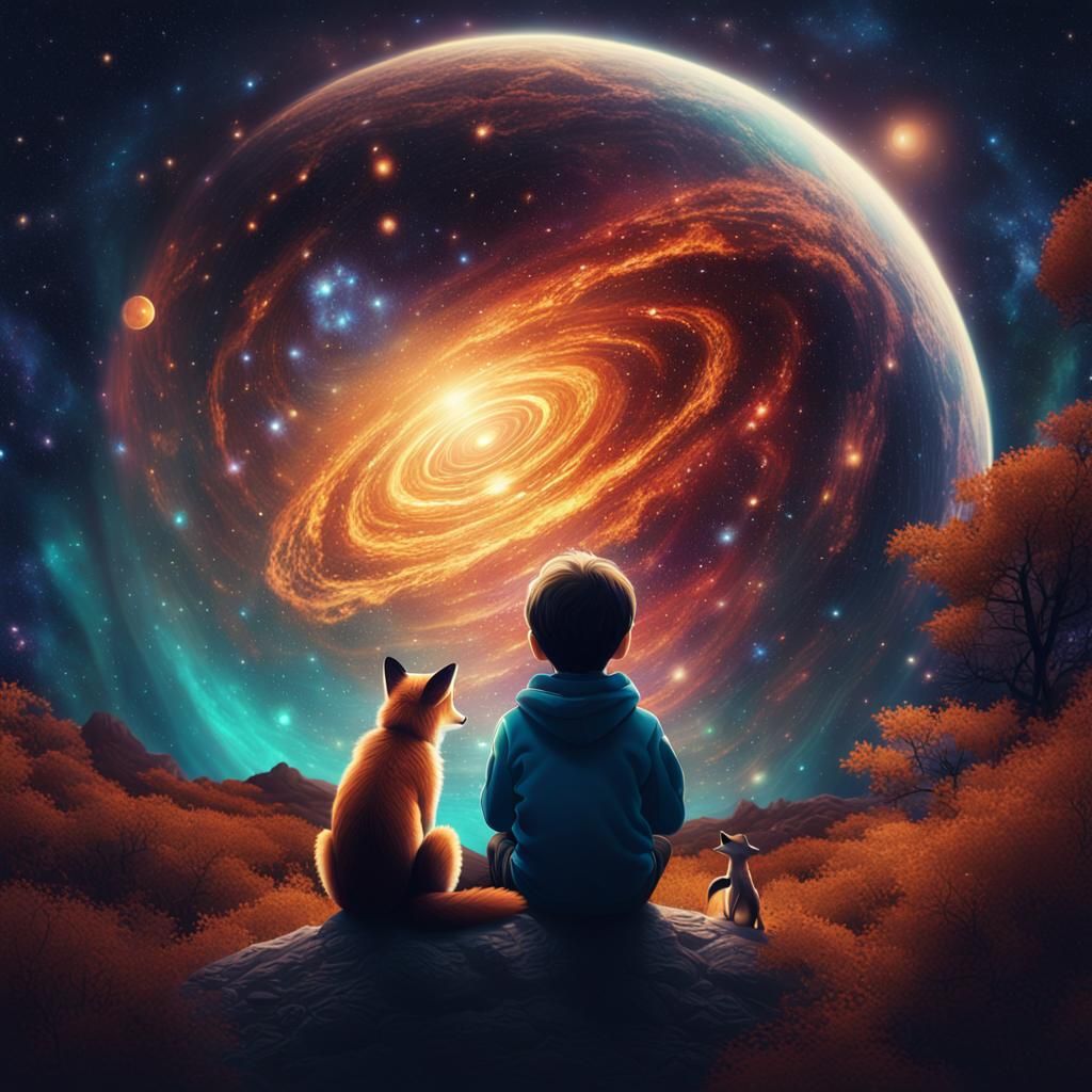 Boy and Fox Watch the Universe: Cinematic Film Still