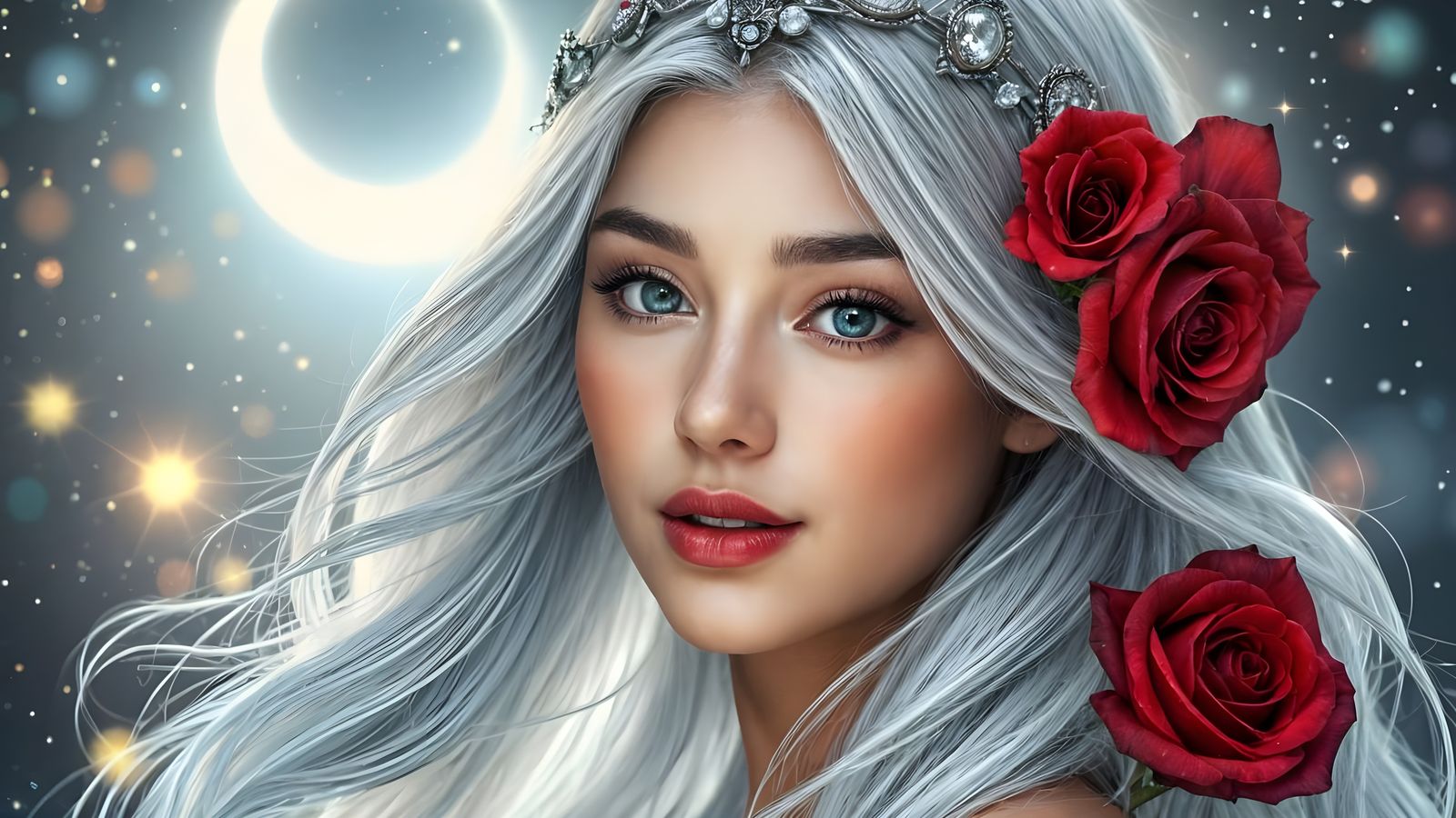 Ethereal Beauty with Crimson Roses, Hyperrealistic Digital A...