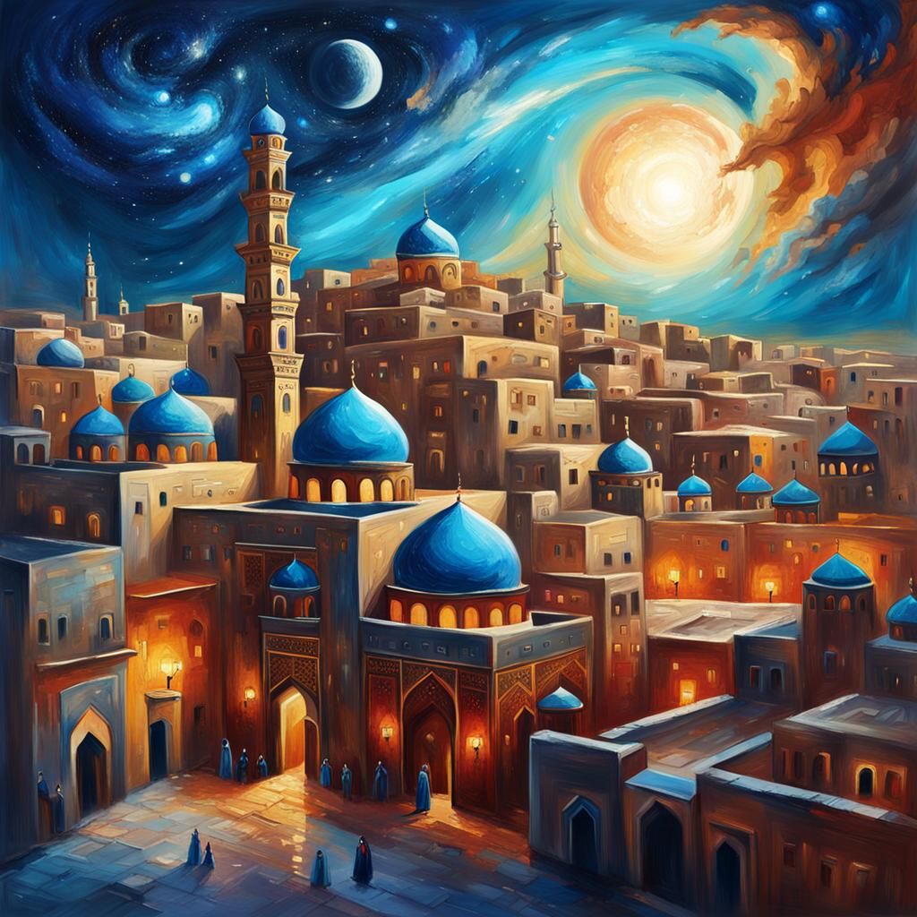Arabian City with Galaxy Sky in Impasto Style