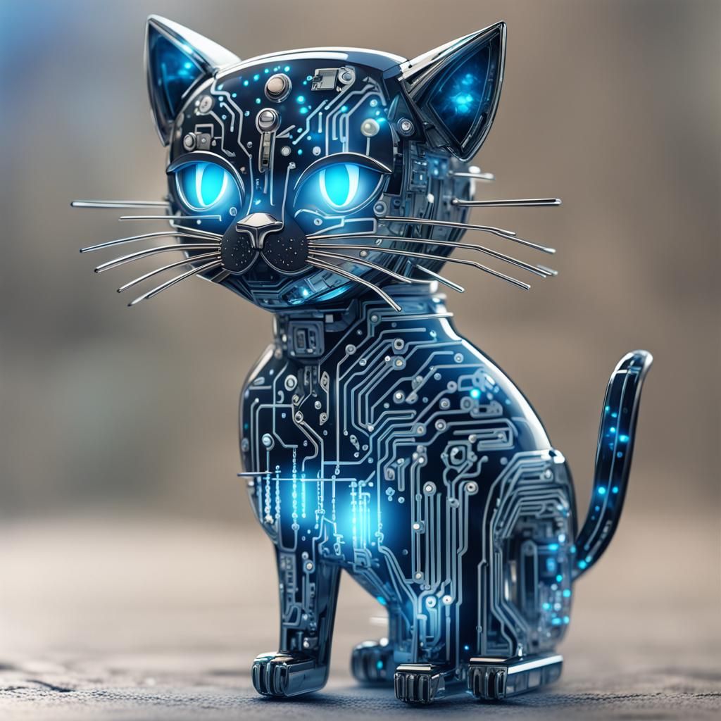 Cute Steampunk Circuit Board Cat with Blue Glow