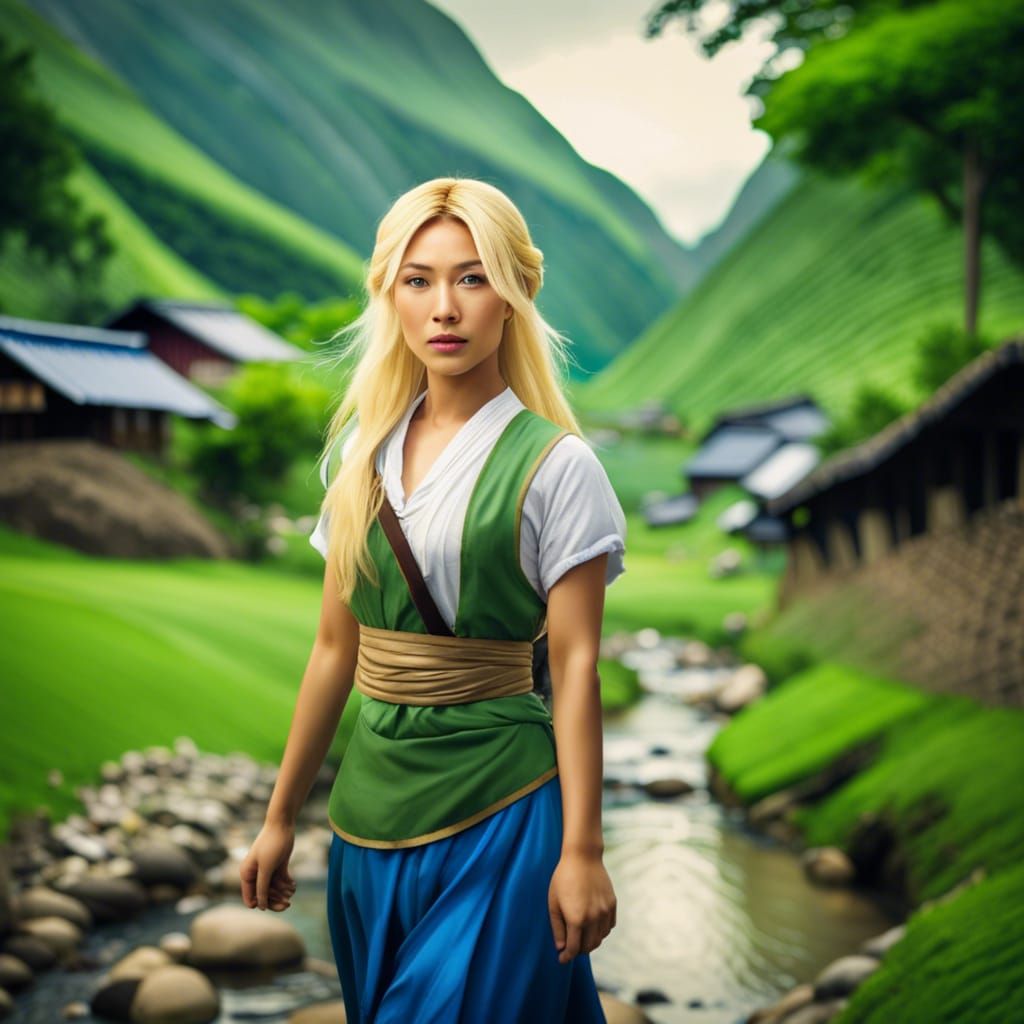 Asian Woman Walks in Lush Green Valley