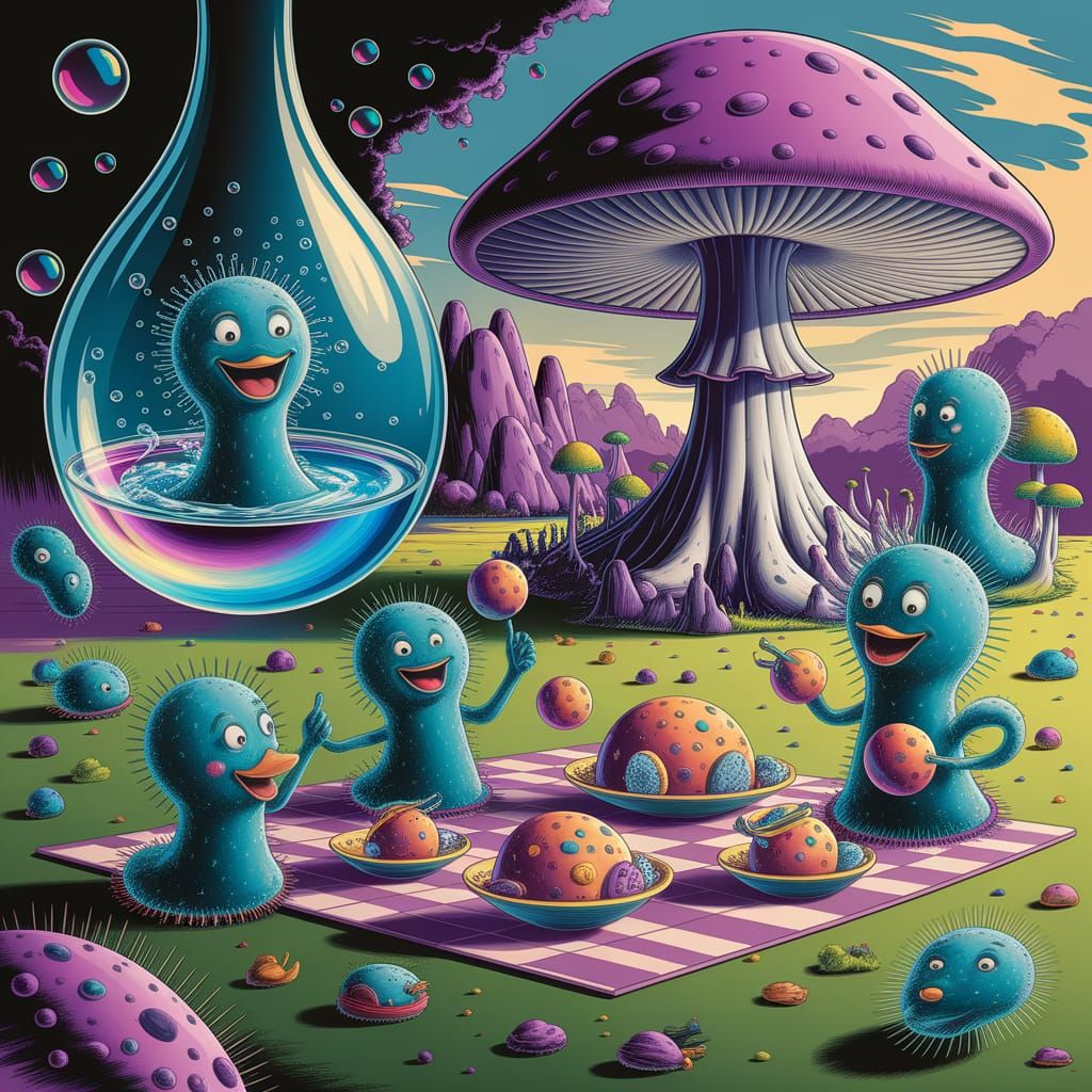 Whimsical Microbes Enjoying a Bubble Bath Picnic
