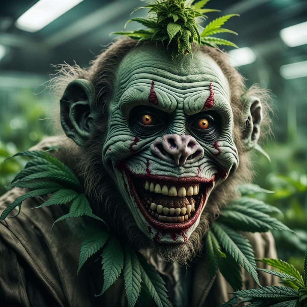 Zombie Monkey Clown Cannabis Farmer in Misty Greenhouse