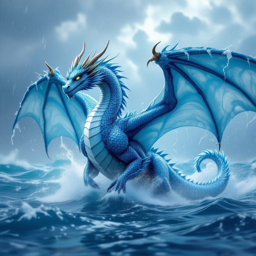 Massive Ocean Water Dragon in Stormy Flight