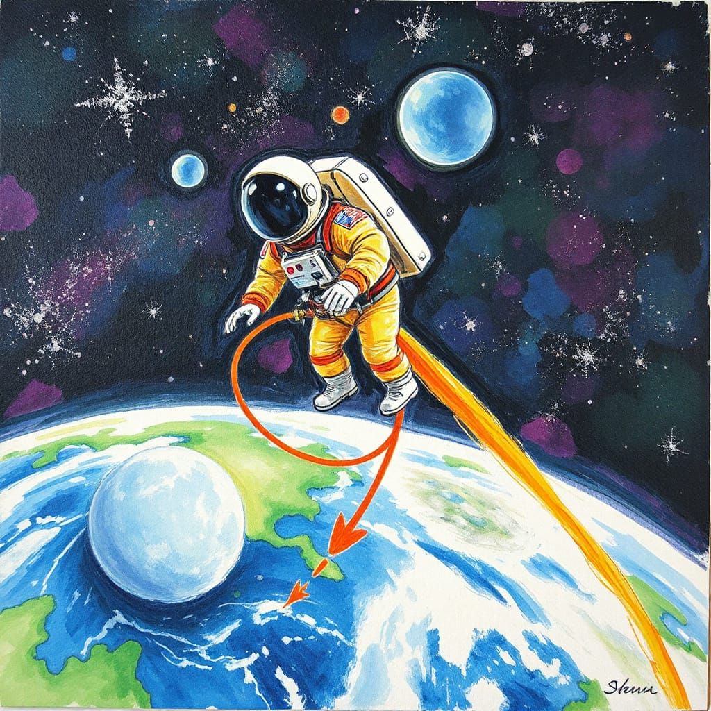 Astronaut Soaring Through Space in Neo-Impressionist Style