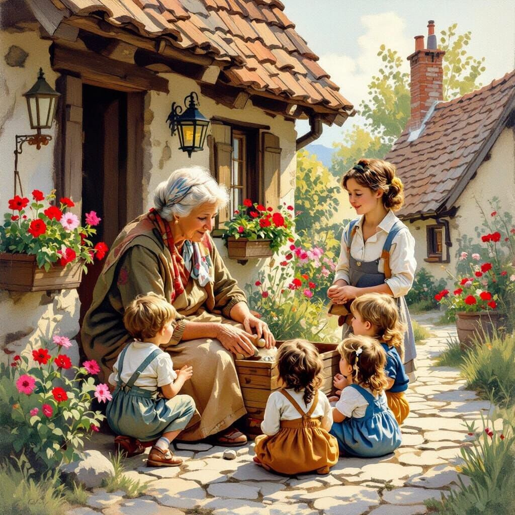 Grandma's Stories: A Heartwarming Scene in Earthy Tones