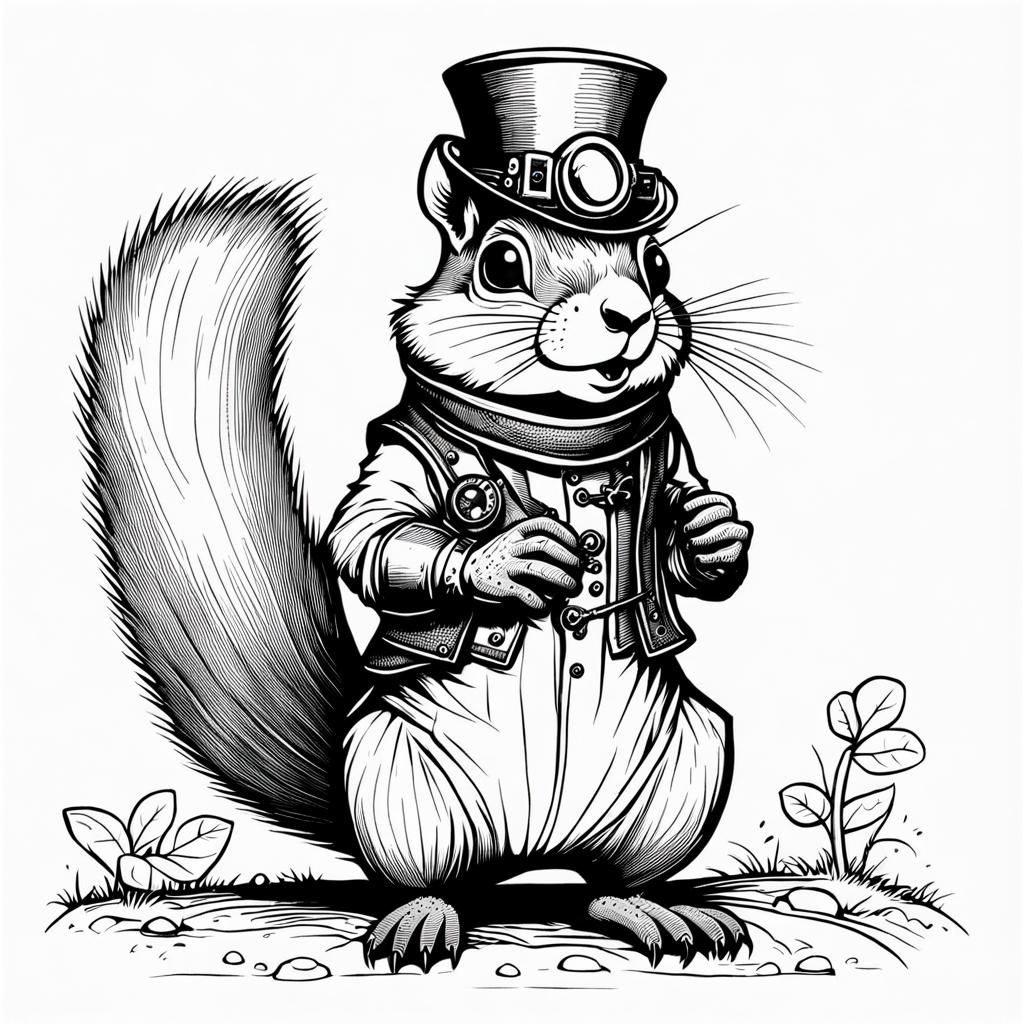 Steampunk Squirrel Line Drawing in Black Ink