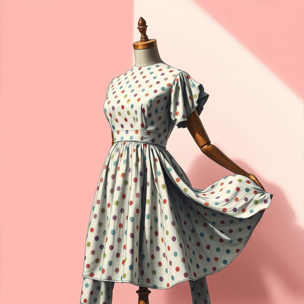 Polka-Dot Dress: Hyperdetailed Charcoal Drawing