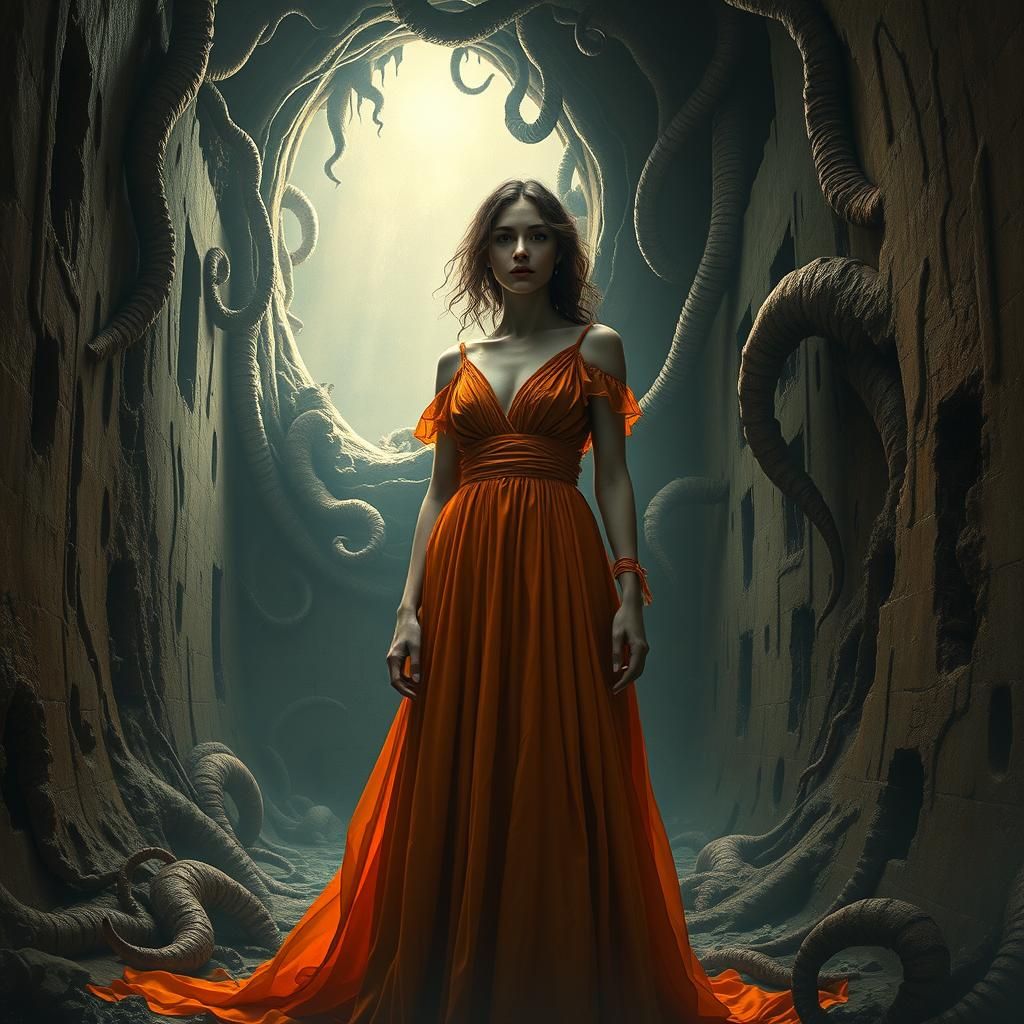 Horror Labyrinth: Woman in Orange Gown, Biomechanical Art