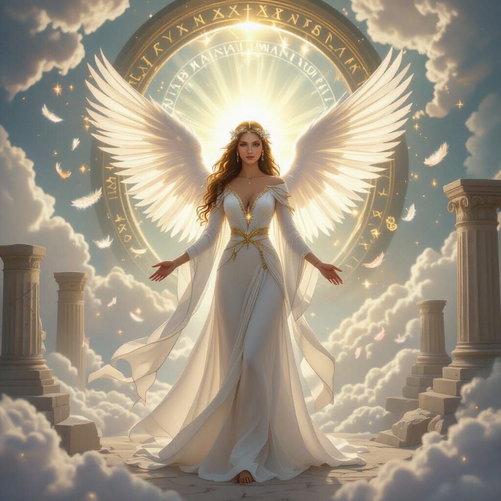 Angelic Priestess Before Divine Portal in Ethereal Fantasy S...