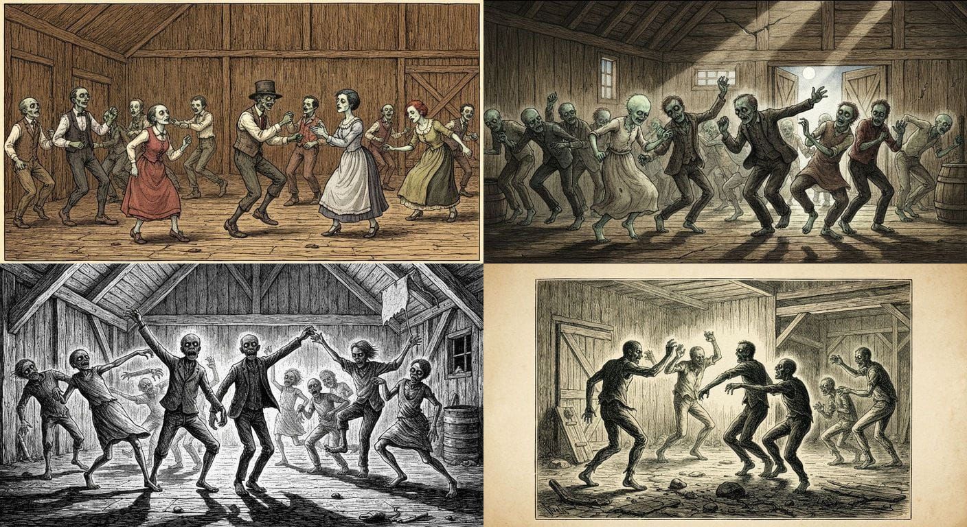 Zombies Dancing in a Barn Storybook Illustration