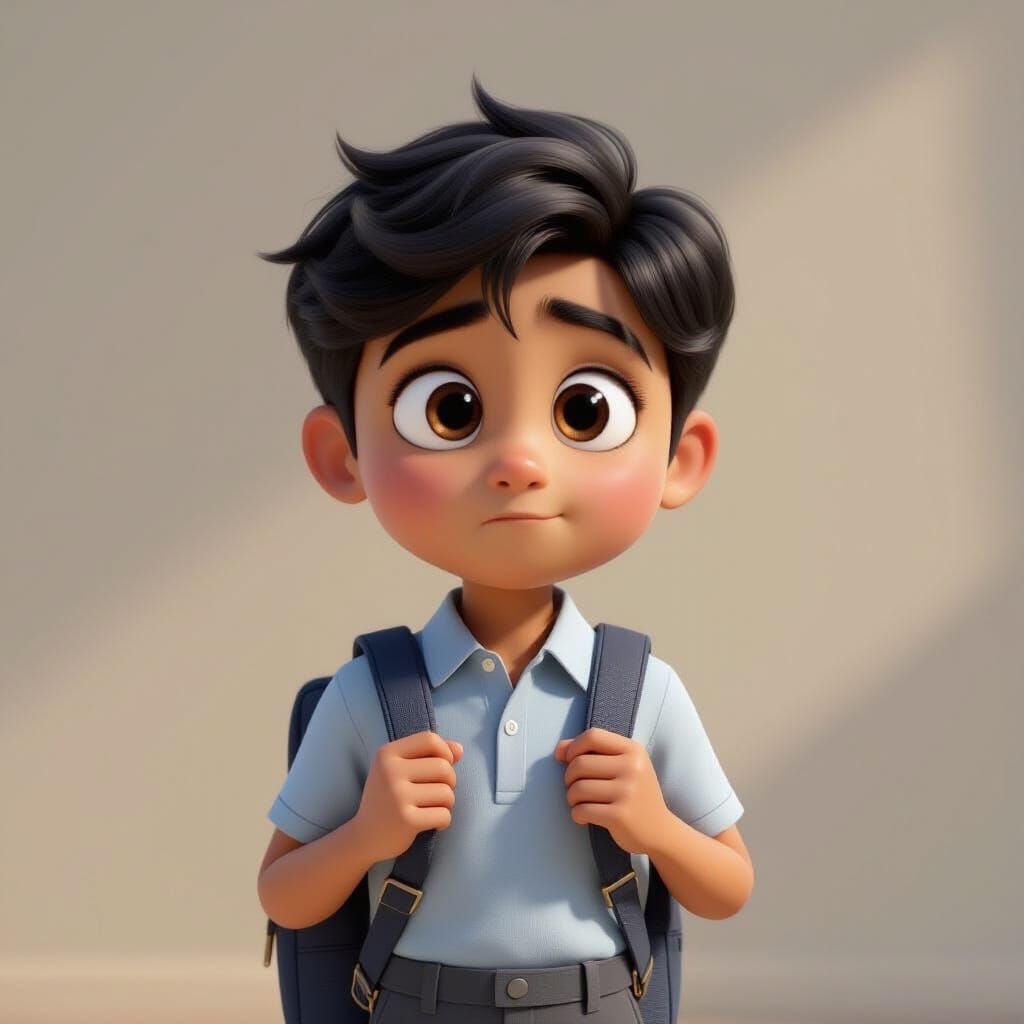 Shy Indian Schoolboy Clutching Bag in 3D Animation Style