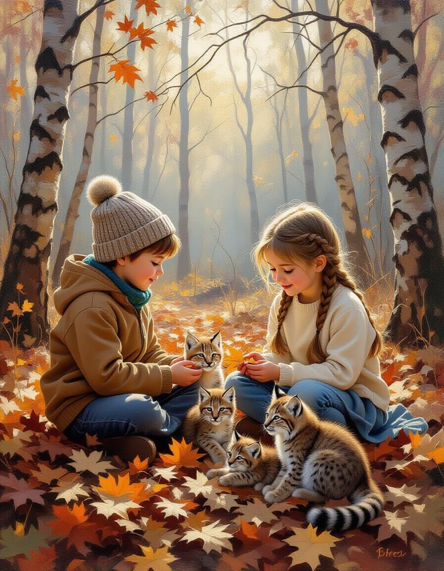 Children Gently Feeding Lynxes in Enchanted Forest