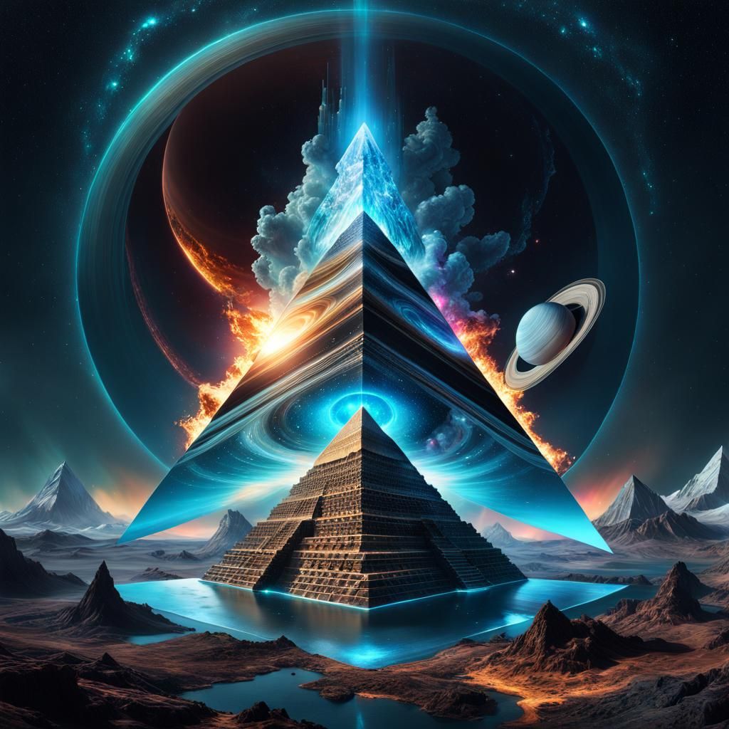 Holographic Cosmic Pyramid in Digital Art Style