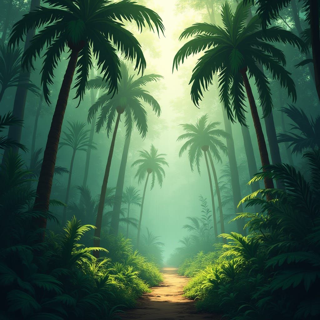 Lush Tropical Rainforest Path with Sunbeams