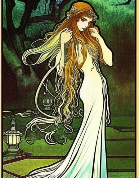 Ethereal Spirit in Graveyard: Surreal Art Nouveau