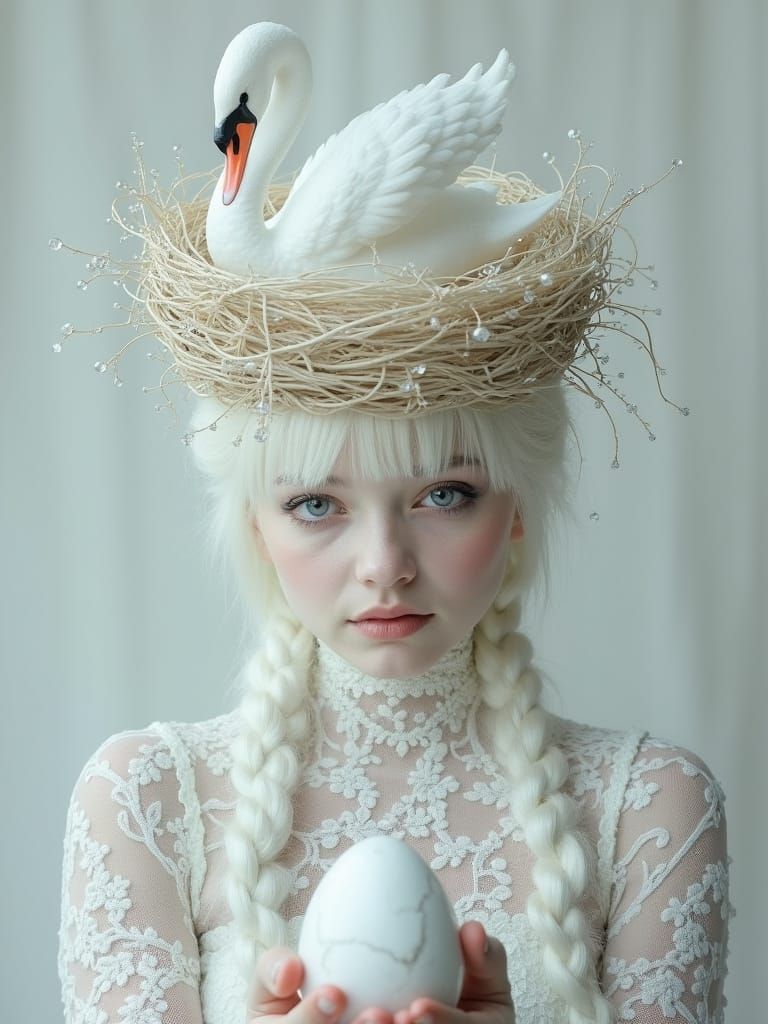 Surreal Albino Woman with Crystal Swan