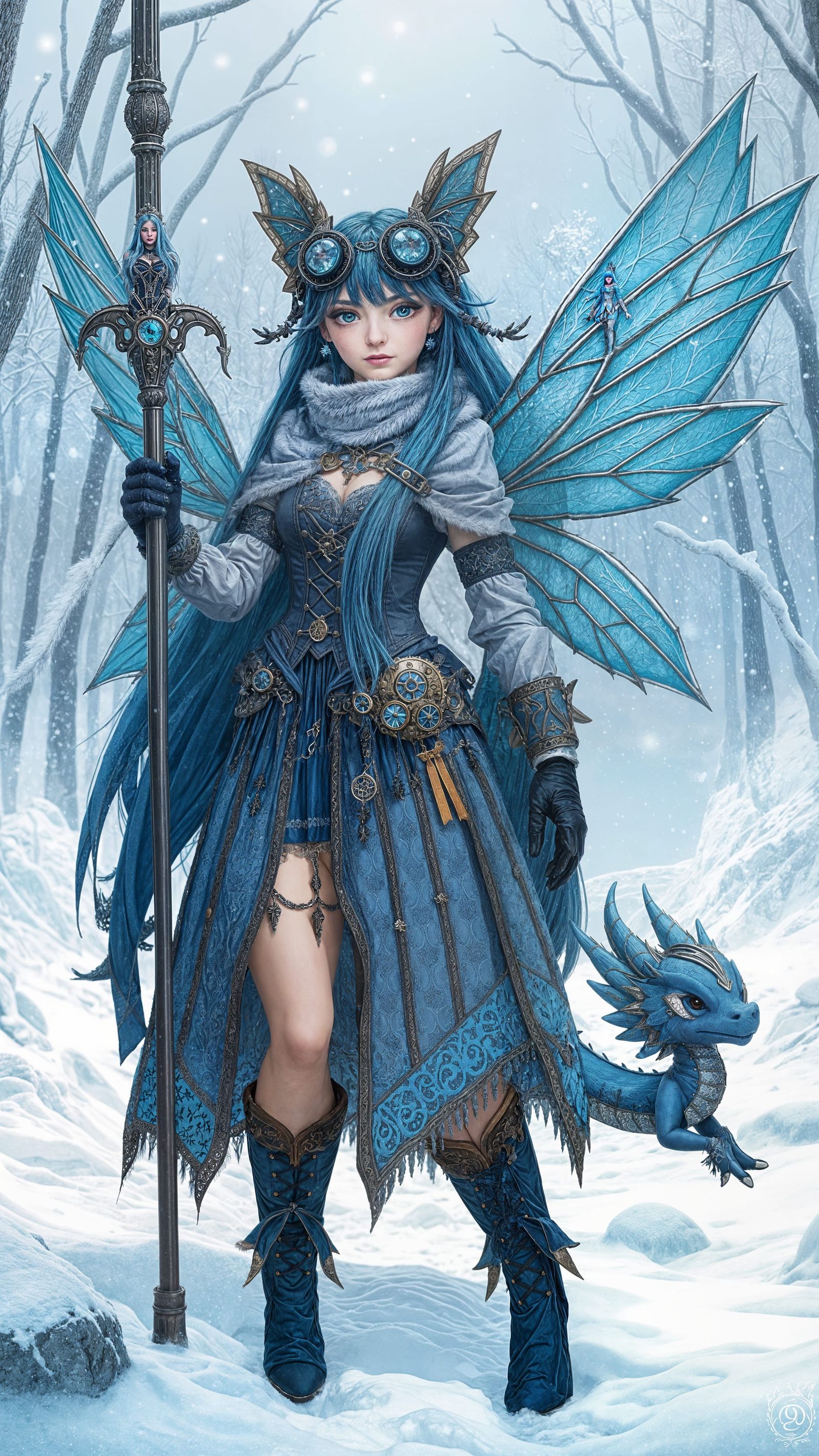 Blue-Haired Steampunk Fairy with Dragon in Winter