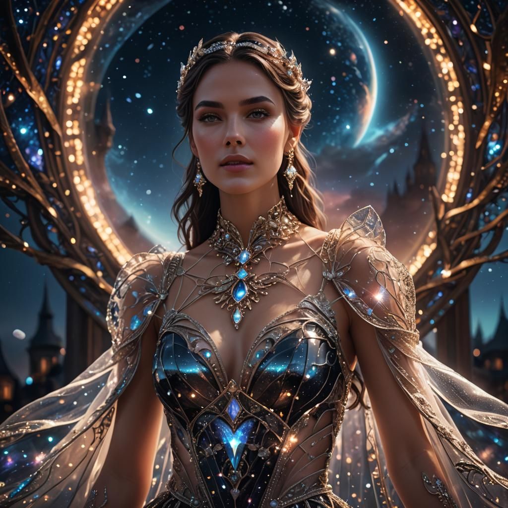 Woman in Glass Dress Against Night Sky