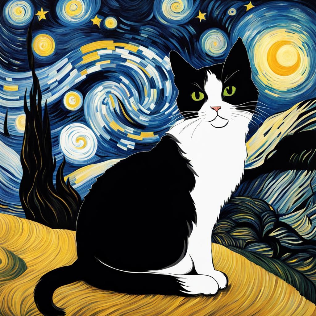 Black and White Cat in Starry Night Style