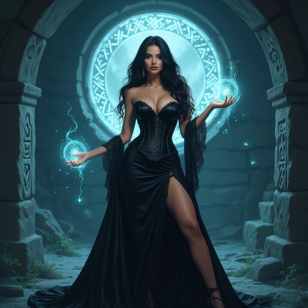 Mystical Witch in Rune Chamber: An Oil Painting