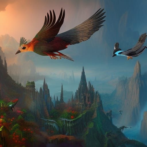 Fantastical Birds in Flight: Detailed Digital Painting