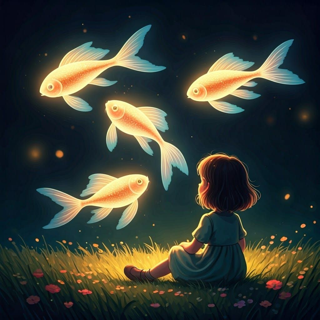 Whimsical Fantasy Scene with Glowing Fish and Girl