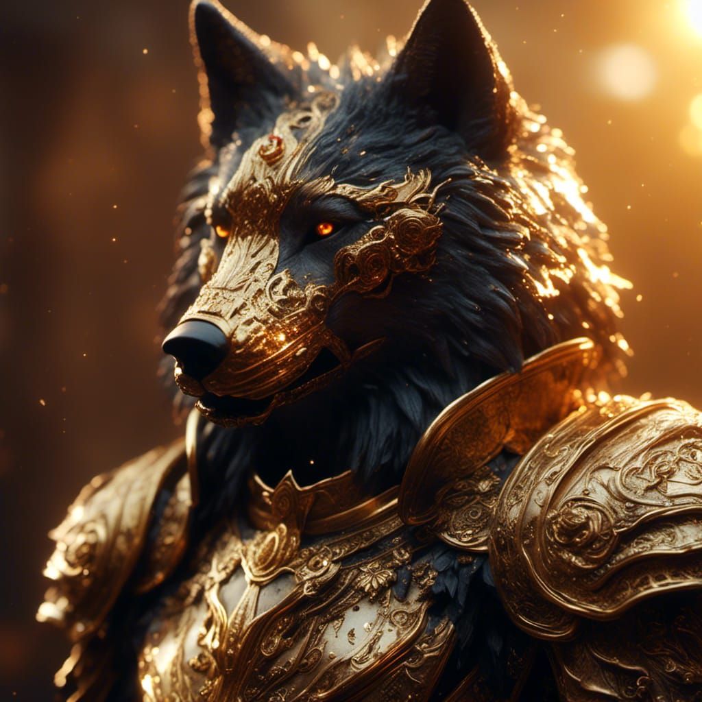 Black Wolf in Gold Armor Surrounded by Fire