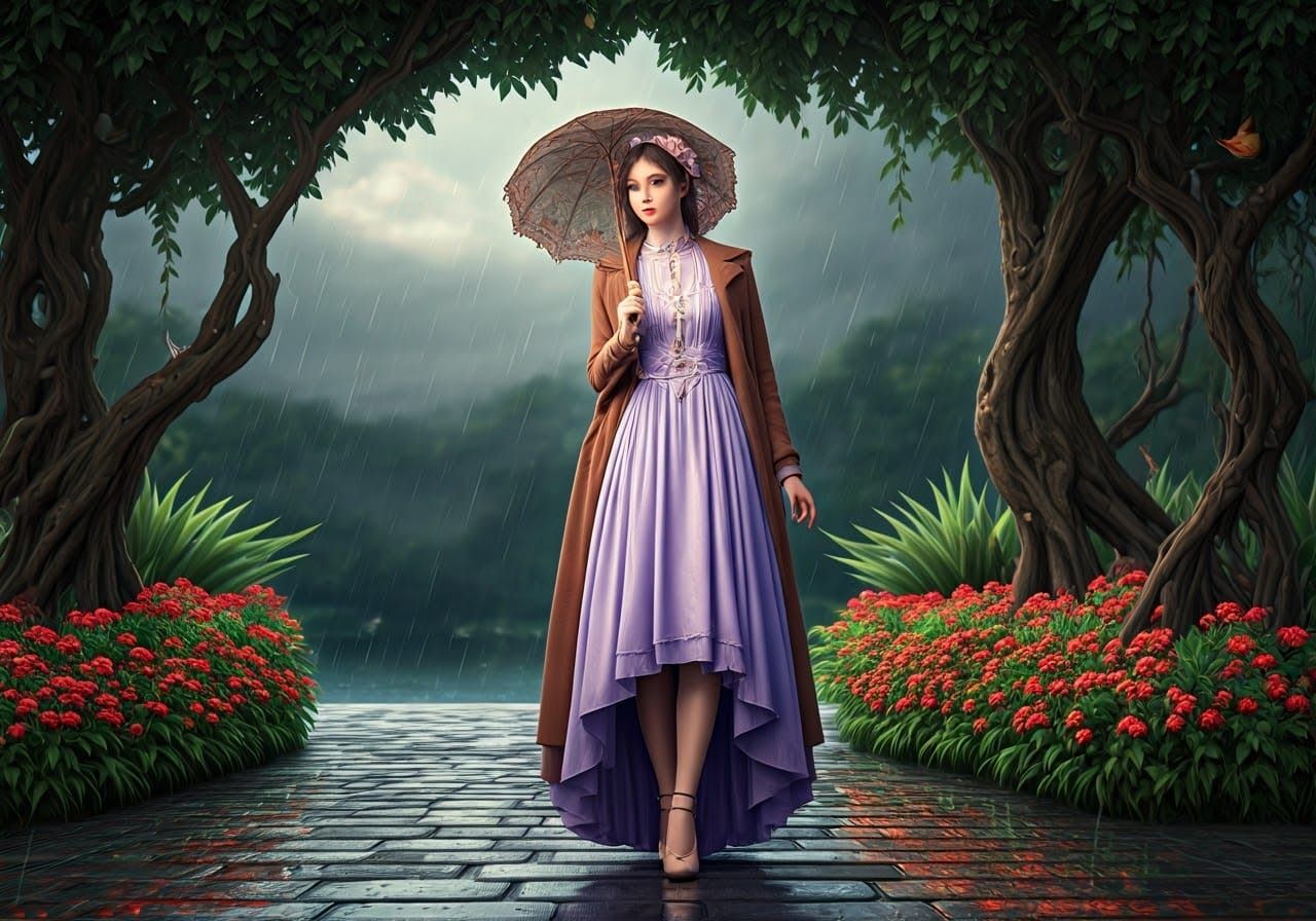 Victorian Woman in Rainy Garden, 3D Anime Art