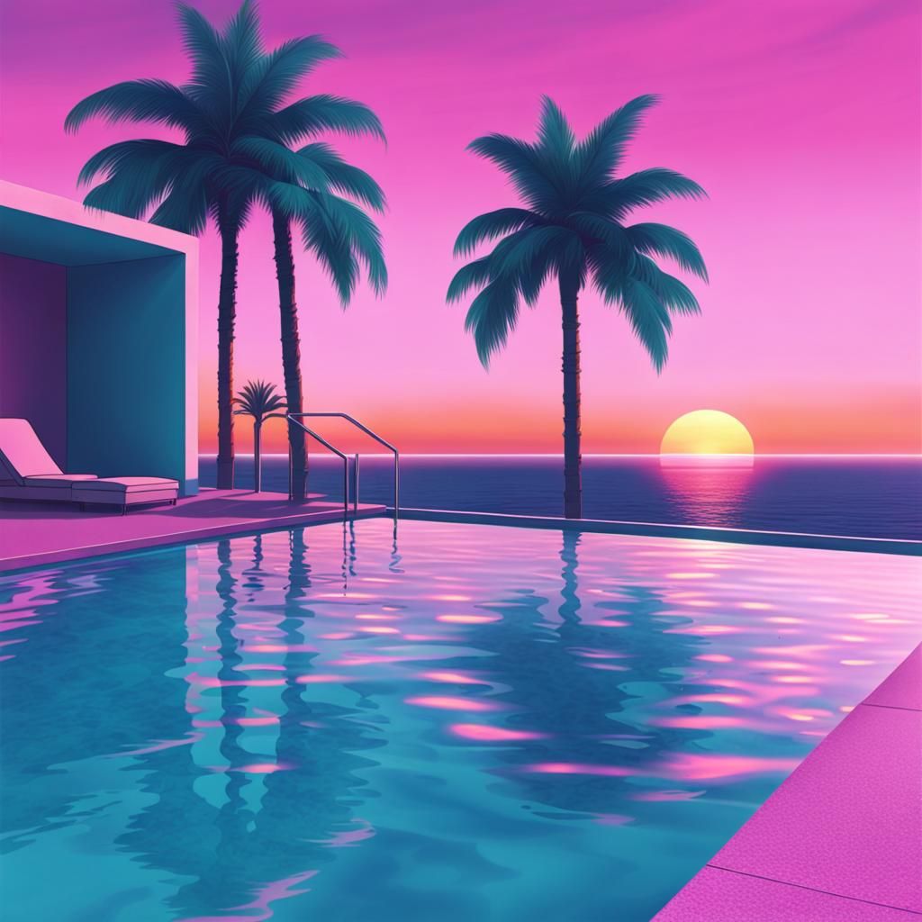 Miami Swimming Pool in Vaporwave Style at Sunset